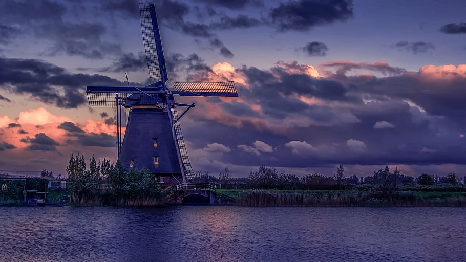 windmill, body, water, cloudy, sky, netherlands, dutch windmill, river, the sky, mill