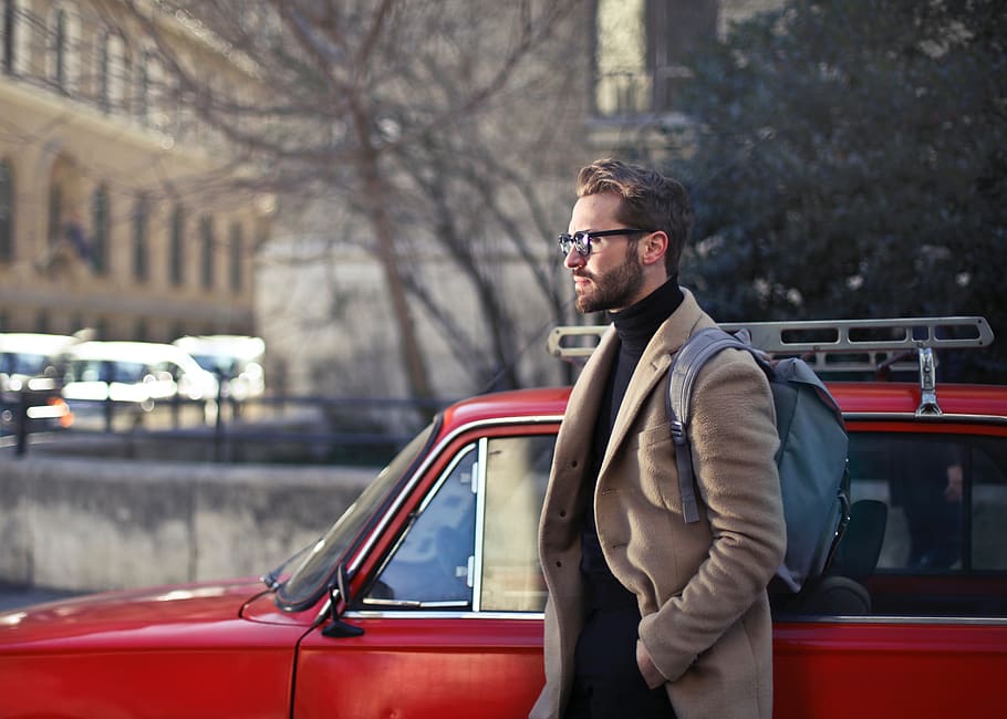 man, bear, street, red, car, handsome, fashion, glasses, waling, city