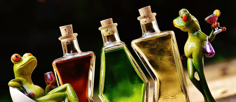 three, glass bottles, frog figurine, frogs, beverages, bottles, alcohol, figures, drink, benefit from