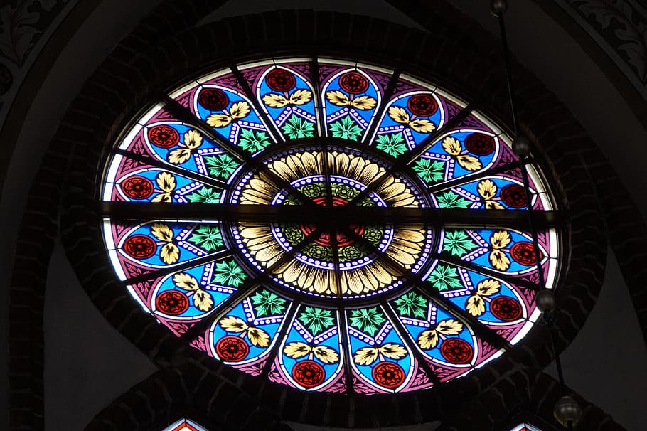 rosette, church window, stained glass, glass window, art, color, pattern, light, church, believe