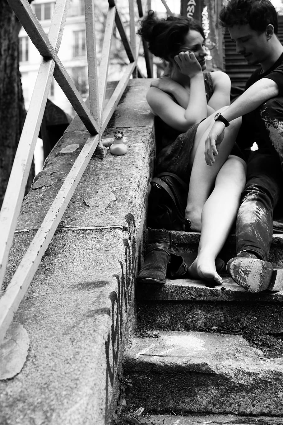 man, sitting, laughing, woman, stairs, street photography, in love, couple, romantic, love
