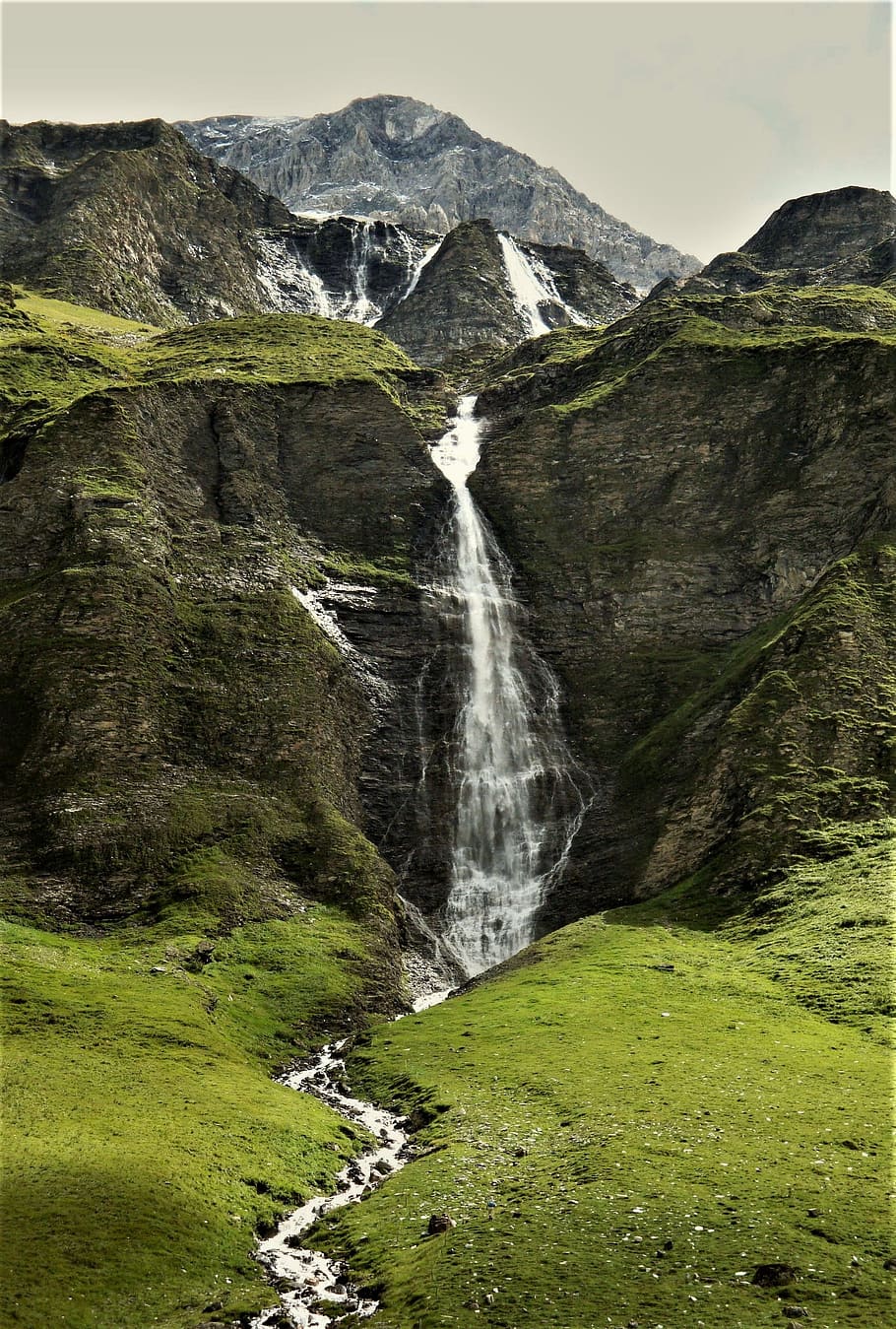 waterfalls during daytime, waterfall, glacial lake, mountains, switzerland, landscape, beauty in nature, scenics - nature, plant, mountain