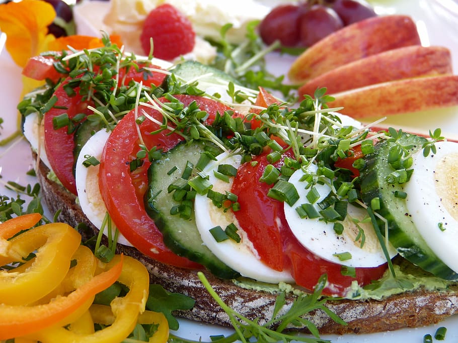 sliced, vegetable salad dish, bread, sandwich, breakfast, fruit, cucumber, tomato, salad, snack