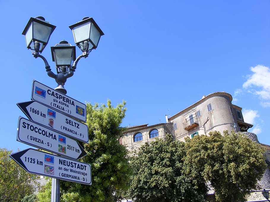 Casperia, Italy, Signs, Directions, Sky, clouds, buildings, lamp post, trees, nature