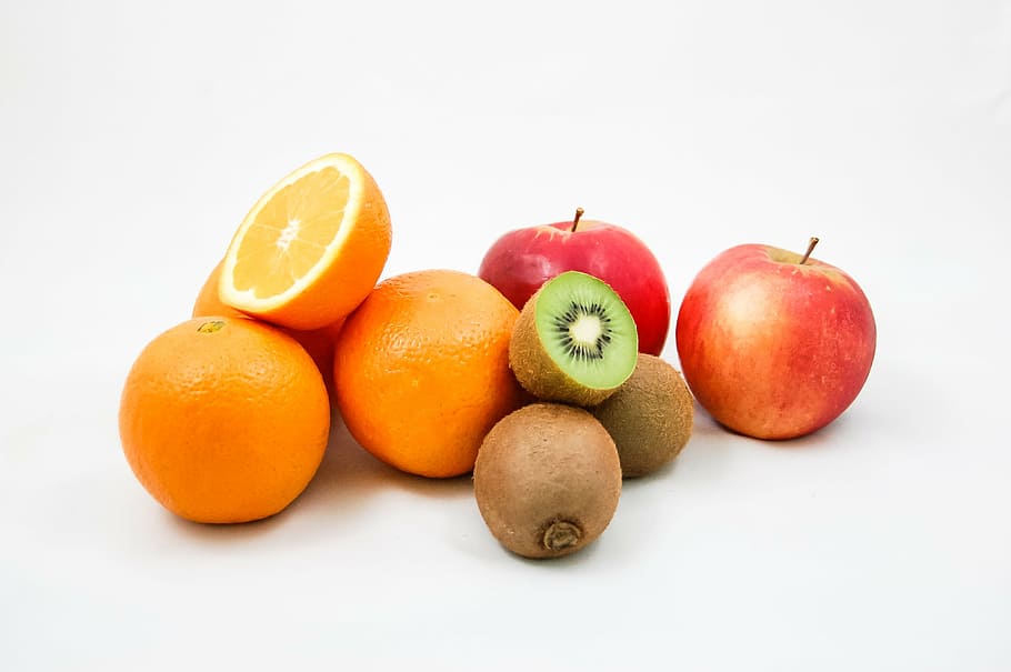 variedad de frutas, manzanas, kiwi, naranjas, frutas, vitaminas, mitad, naranja, fresca, la riqueza de