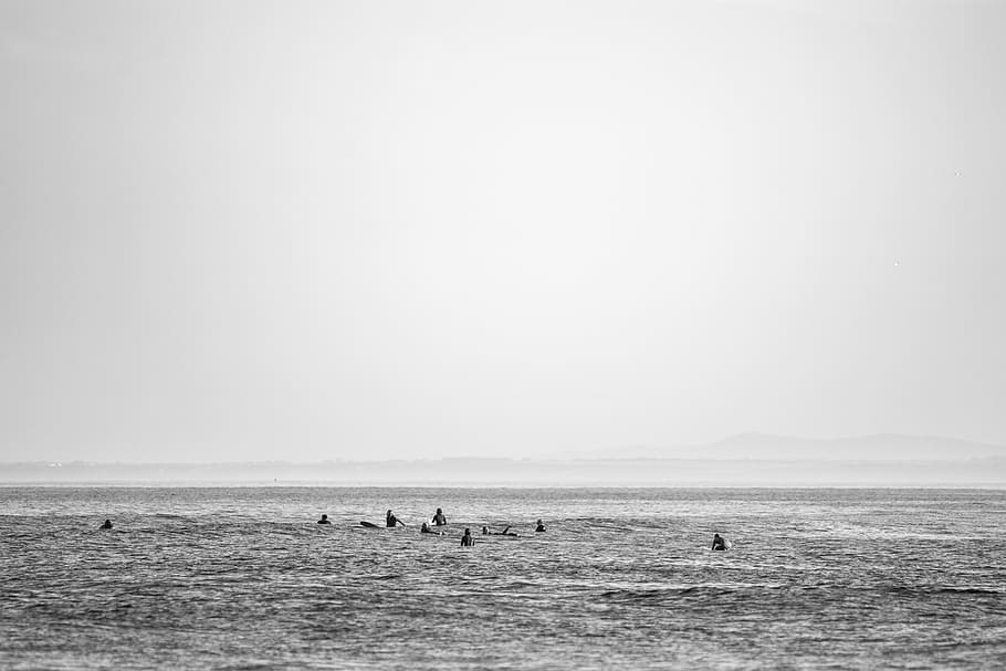 grayscale photo, people, beach, aerial, ocean, surfers, sea, water, waves, nature