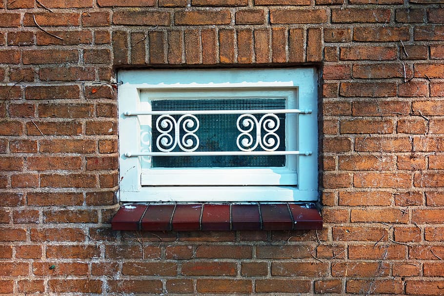window, pane, ledge, casing, grille, building, brick wall, wall, brickwork, decoration