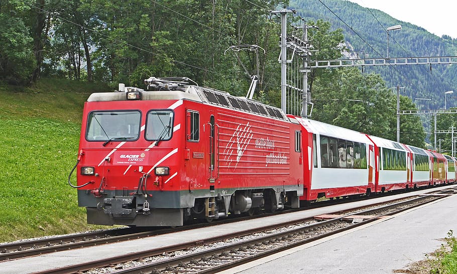 red, white, train, train way, glacier express, matterhorn-gotthard-bahn, mgb, switzerland, valais, lax