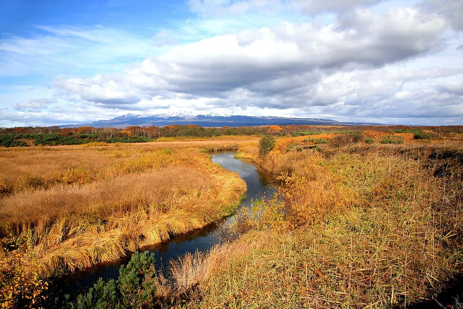 tundra, river, autumn, clouds, swamp, water, landscape, nature, grass, silence
