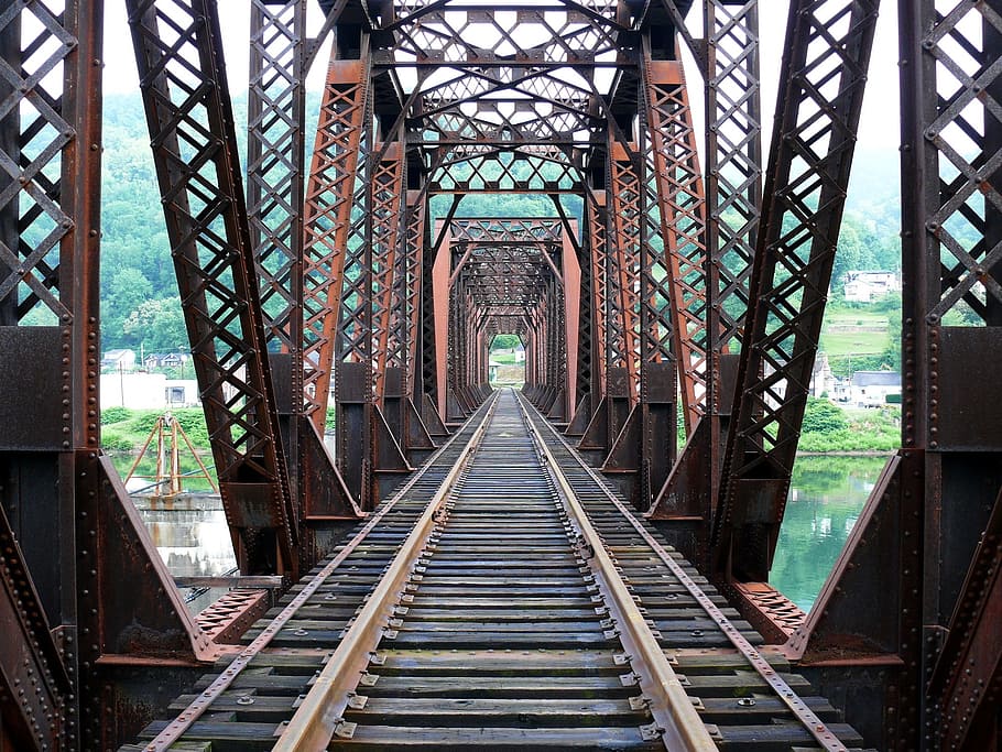 brown steel railway, railroad bridge, tracks, rails, trusses, triple pratt-style, iron, perspective, transportation, view
