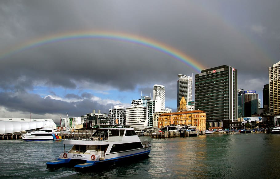 Auckland waterfront, NZ, yacht in pier, building exterior, architecture, rainbow, water, built structure, city, nautical vessel
