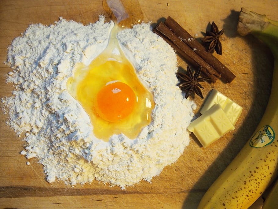 kue, tepung, telur, kuning telur, pisang, kayu manis, dapur, makanan, makanan dan minuman, makan sehat
