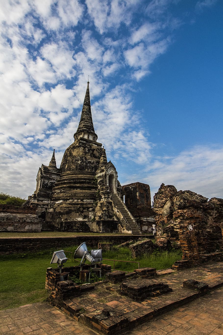 reruntuhan, ayutthaya, langit biru, thailand, tua, agama, sejarah, arsitektur, masa lalu, struktur yang dibangun