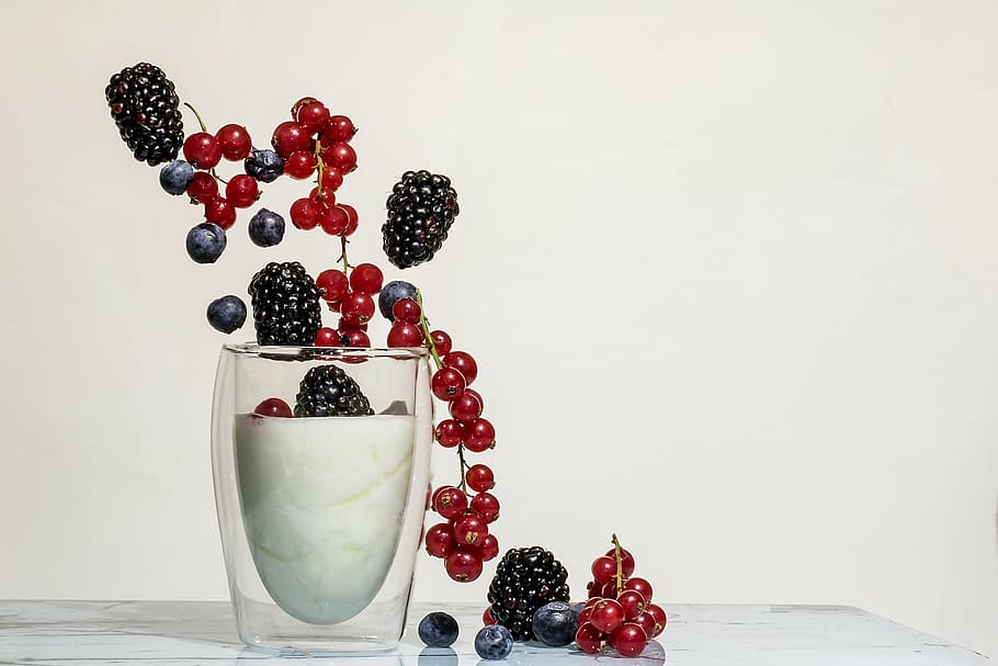 assorted, berries, clear, drinking glass, yogurt, fruits, blackberries, currants, fruits of the forest, milk serum