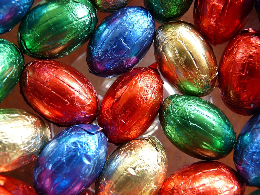 multicolorido, lote de invólucro de chocolate, ovos de páscoa, doçura, mordidela, páscoa, chocolate, colorido, cor, papel alumínio