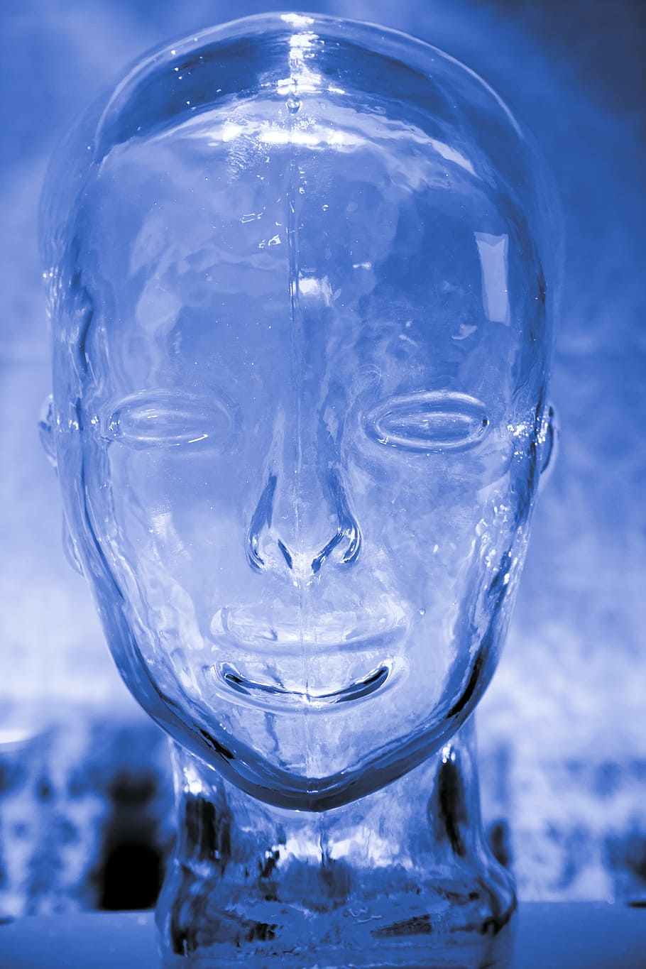 clear, human, face glass figurine, glass, brain, head, blue, intelligence, mind, science