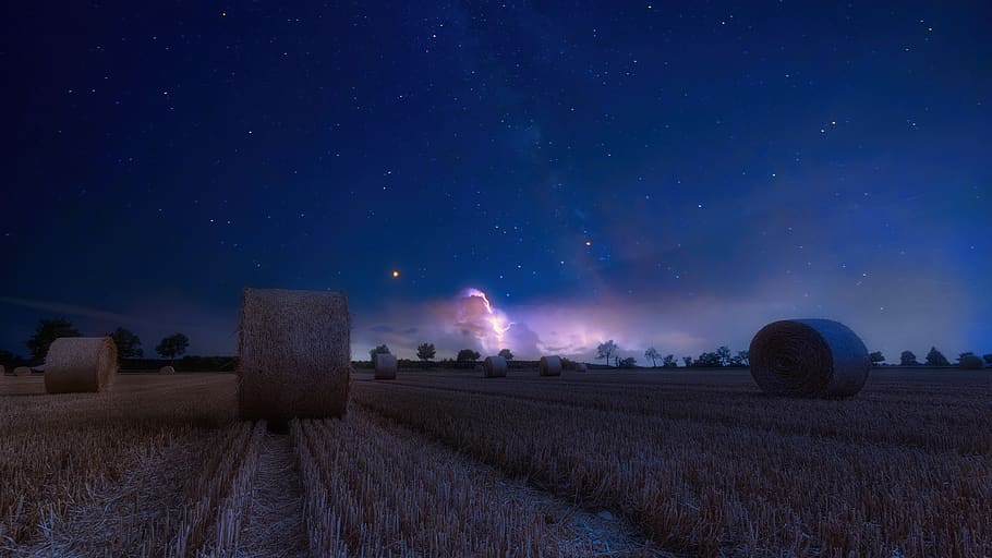 field, harvest, hay, night sky, dark, thunderstorm, weather, summer, cereals, agriculture