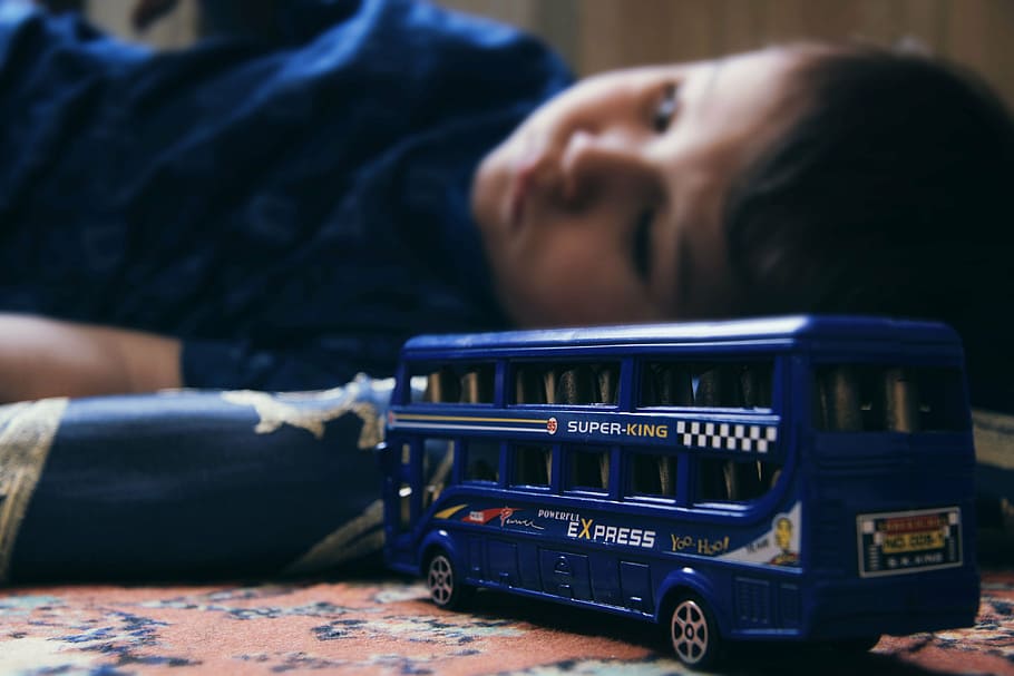 blue, bus die-cast toy, boy force focus photography, sad child, double-decker, toys, kids, baby, view, boy