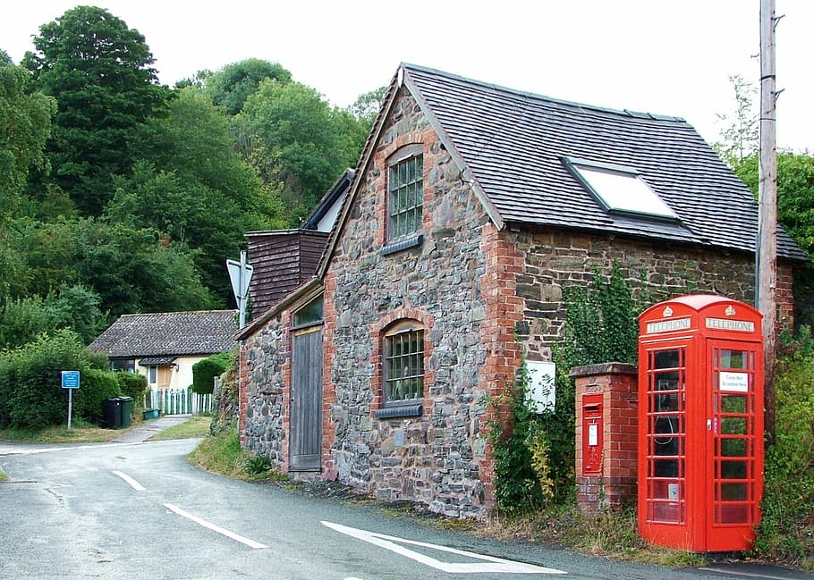 telephone booth, house, road, Village, Phonebox, Phone, British, telephone, box, red