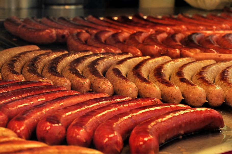 variety of sausages, bratwurst, grill sausage, barbecue, sausage, grill, stainless, meat, fry, heat