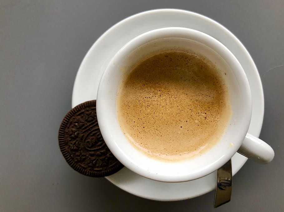 kopi, espreso, kafein, minum, Kue kering, oreo, secangkir kopi, crema, cangkir espresso, cangkir kopi