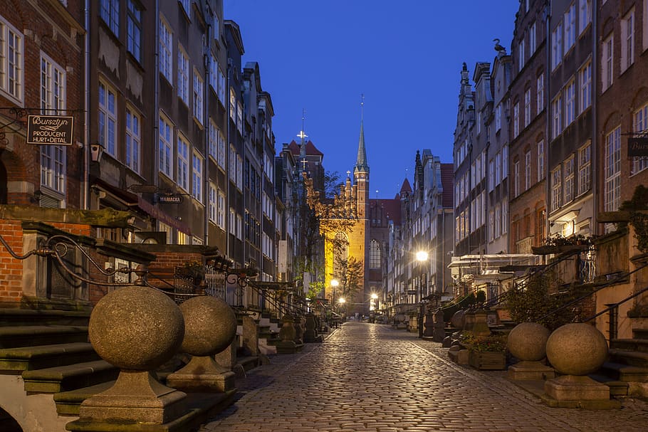 gdansk, calle, noche, casas adosadas, monumentos, casco antiguo, polonia, arquitectura, ciudad, turismo