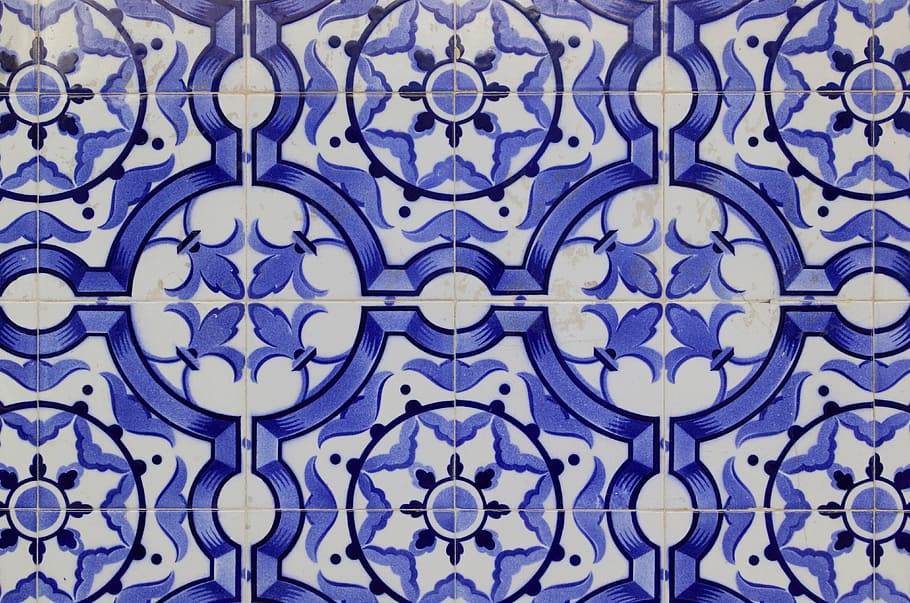 white-and-white tiled surface, ceramic, portugal, tiles, wall, covering, regular, pattern, full frame, backgrounds