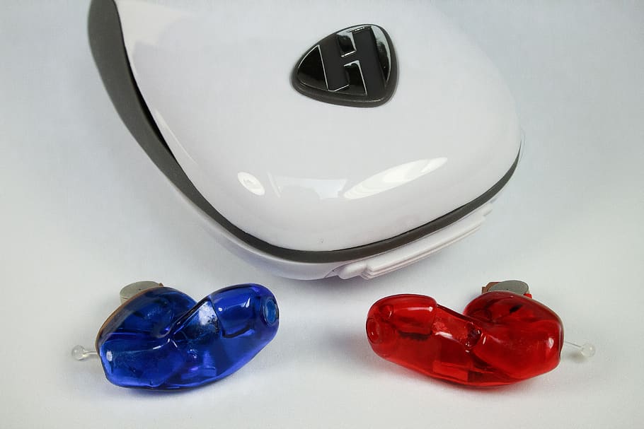 hearing aid, blue, red, next, right, care professional, design, in the ear, acoustics, perception