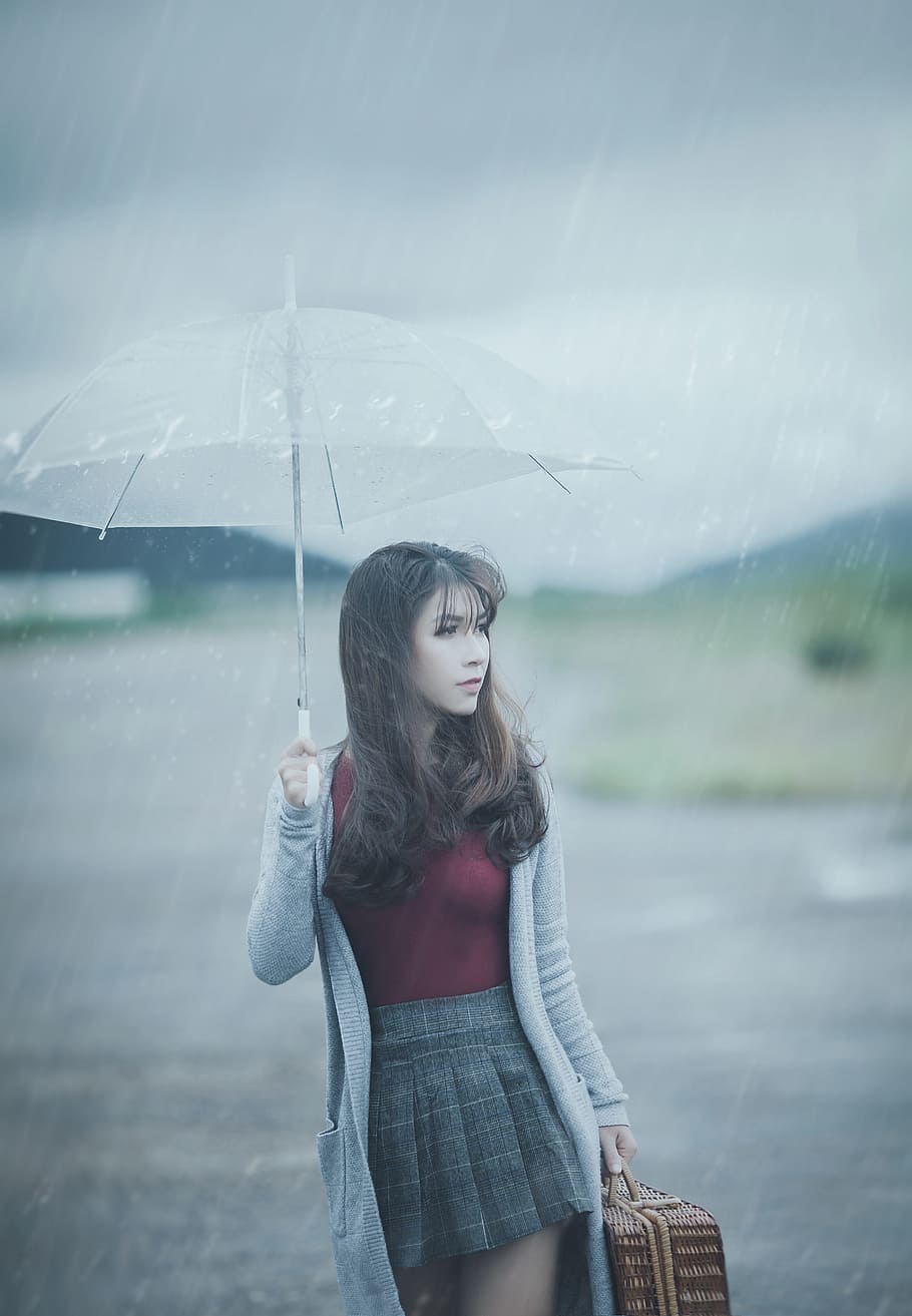 woman, wearing, gray, cardigan, holding, white, handle, umbrella, women, girly