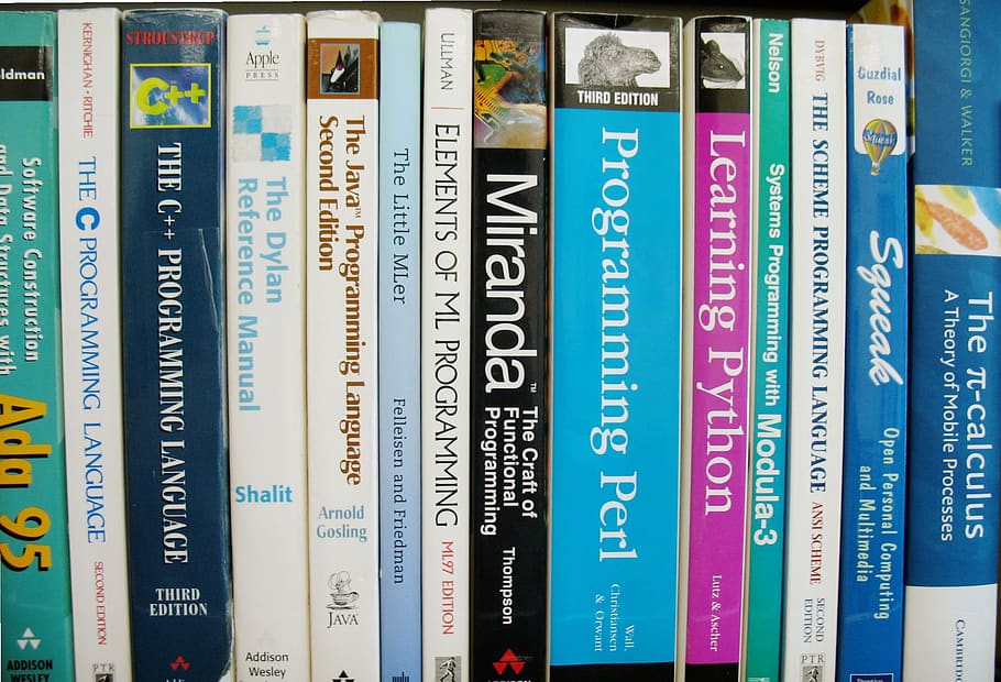 books, bookshelf, computer science, programming, computer language, specialist literature, text, number, communication, close-up