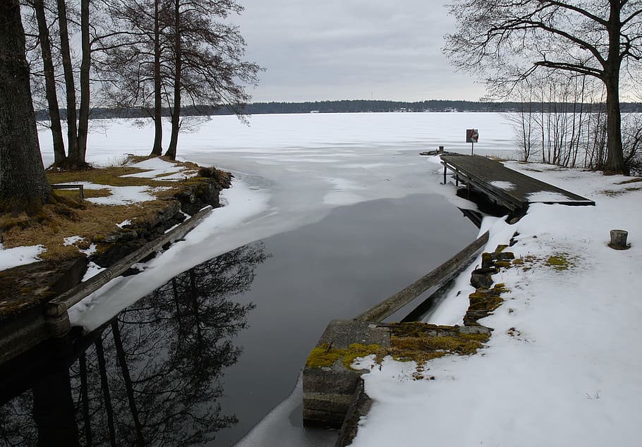 invierno, nuestro invierno, agua, lago, dalsland, snäcke, nieve, hielo, árbol, puente