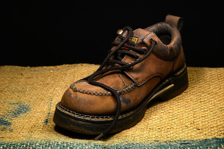 unpaired, brown, leather work boot, boot, leather, shoe, old, shoestrings, shoelaces, bootlaces