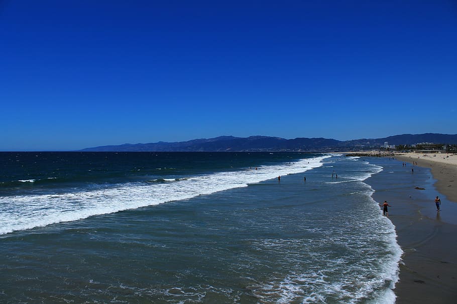 Praia, Santa Monica, Califórnia, Azul, céu, claro, mar, água, onda, natureza