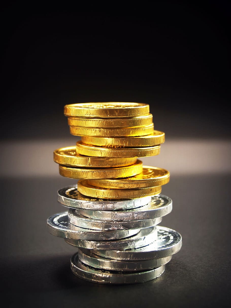 pile, gold-and-silver-colored coins, coin, gold, cash, isolated, tower, economy, rate, business