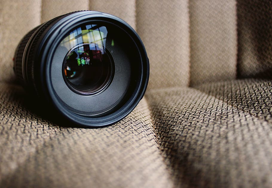 black, dslr camera lens, beige, seat, macro, photography, telephoto, lens, brown, textile