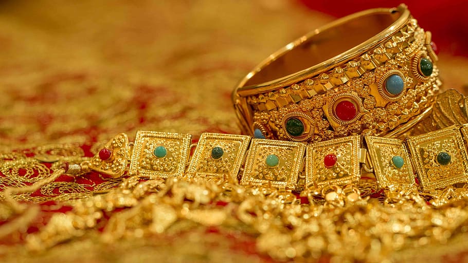 tutup, foto, cincin emas, kalung, close up, emas, bahraini emas, bahrain, perhiasan, kekayaan