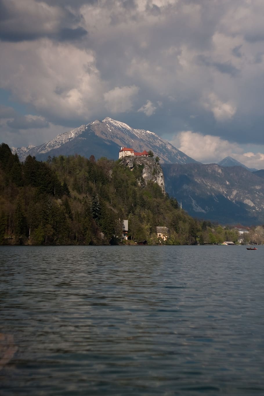 eslovênia, sangrado, lago, castelo, nuvem, montanha, crepúsculo, tempestade, agua, nuvem - céu