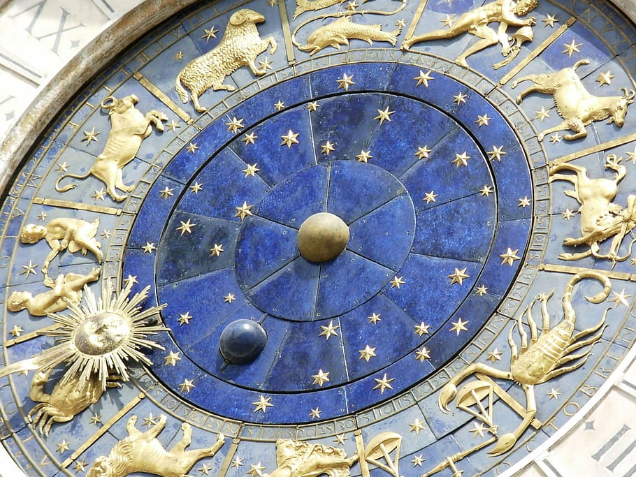 closeup, gold, brown, zodiac signs, embossed, structure, architectural photography, zodiac sign, timepiece, historical
