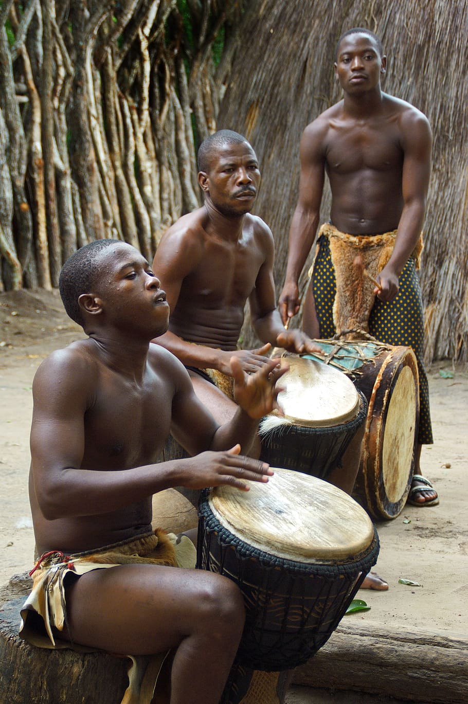 tres, hombres, tocando, tambores, sudáfrica, tambor, zulú, festival, étnico, sin camisa