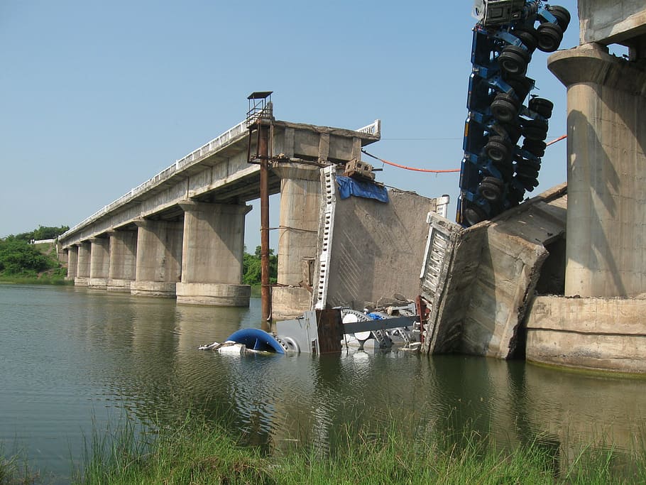 beige concrete bridge, bridge, collapse, damage, bridge collapse, shetrunji river bridge, disaster, accident, india, built structure
