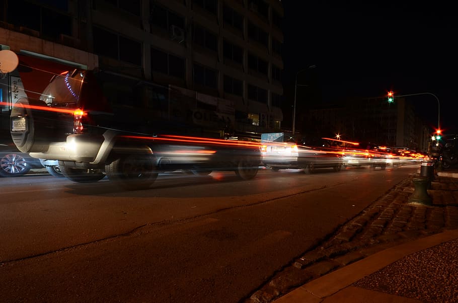 time-lapse photograph, cars, time, lapse, photography, running, nighttime, traffic, lights, brakes