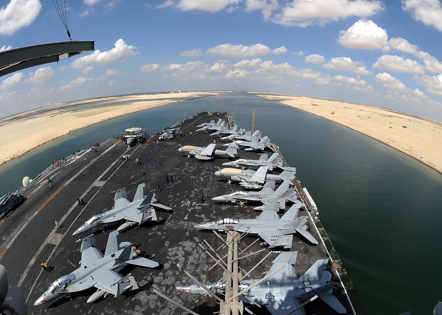 Suez Canal, Water, Shoreline, aircraft carrier, ship, jet fighters, military, navy, fisheye, nature