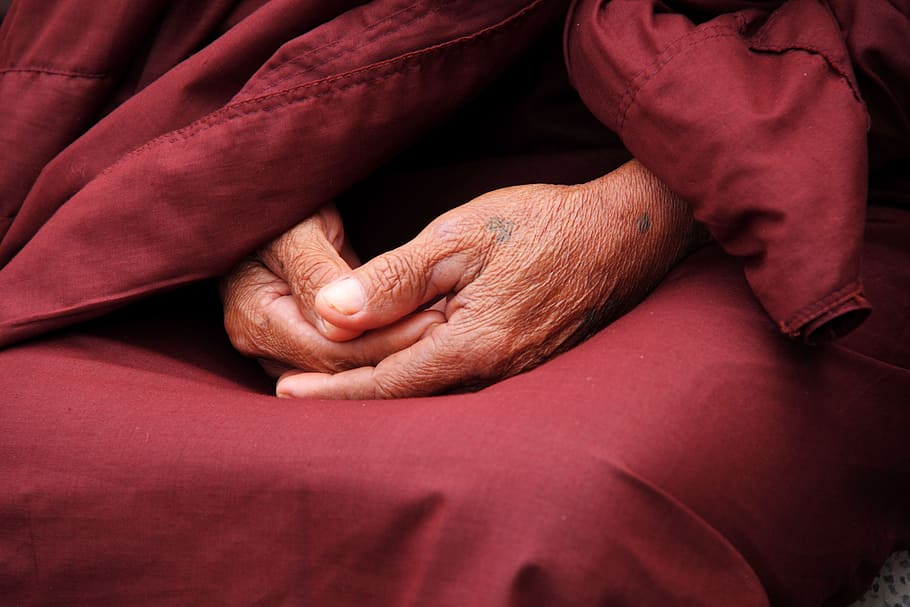 human, hand, red, textile, monk, hands, faith, person, male, pray