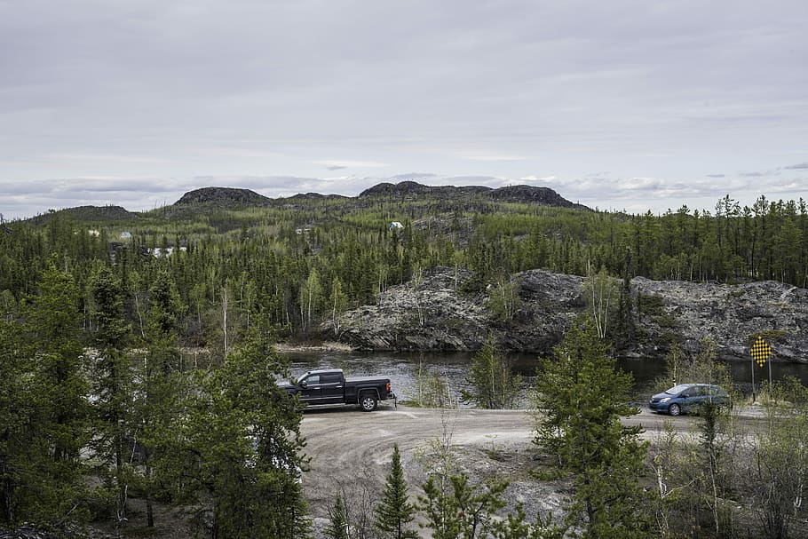 parked, tibbit lake, Cars, Ingraham Trail, Lake, canada, forest, northwest territories, parking lot, public domain