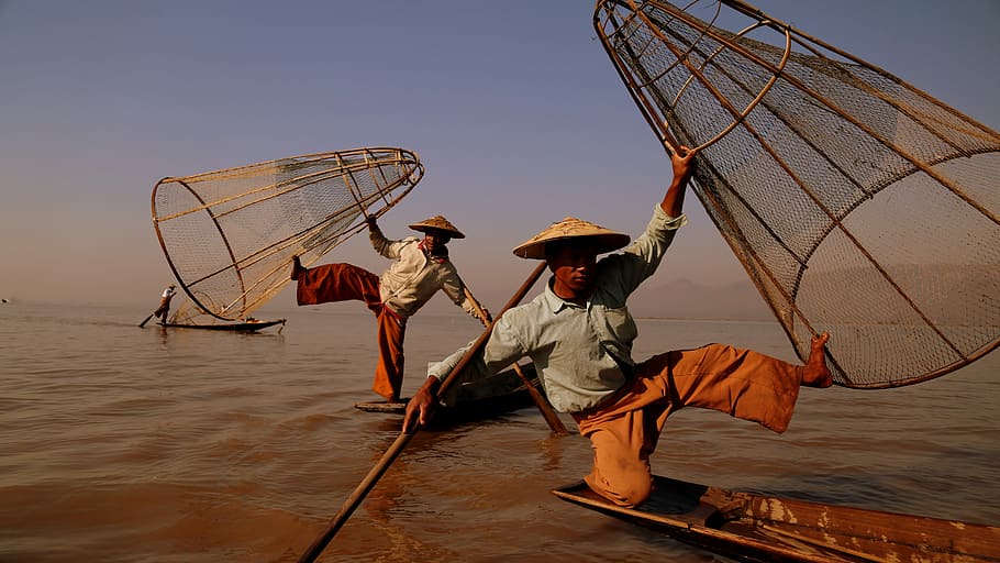 myanmar, the one-legged rowing, fishing, fishing net, fisherman, nautical vessel, transportation, water, fishing industry, nature