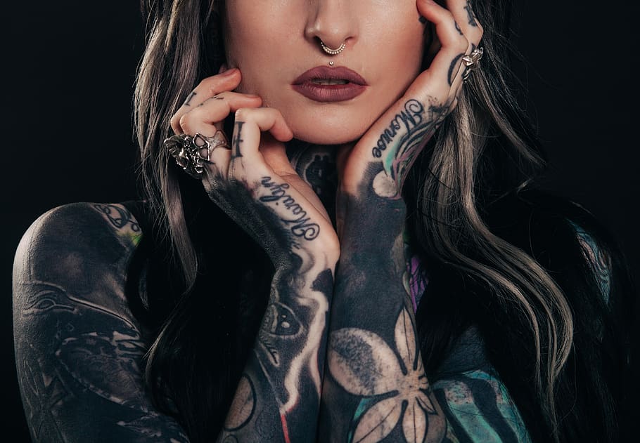adult, tattoos, body art, dark, girl, person, portrait, style, woman, one person