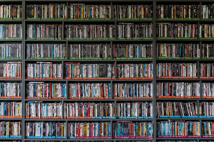 lote de caso de dvd de sortido, biblioteca, livro, leitura, filmes, educação, conhecimento, aluguel, livros na biblioteca, ler