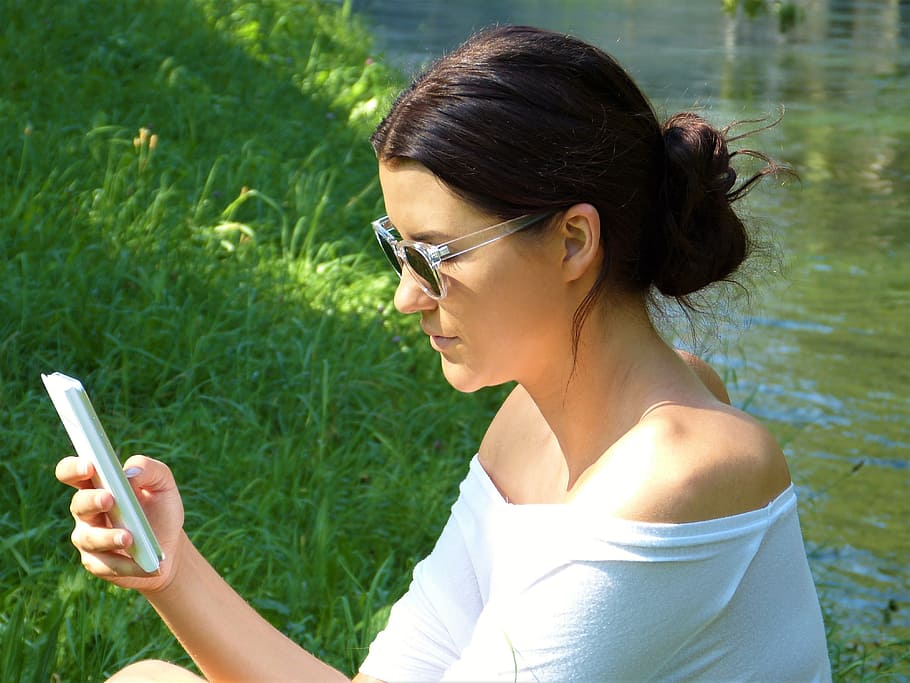 woman, using, smartphone, river, girl, young, mobile phone, iphone, mobile, in the