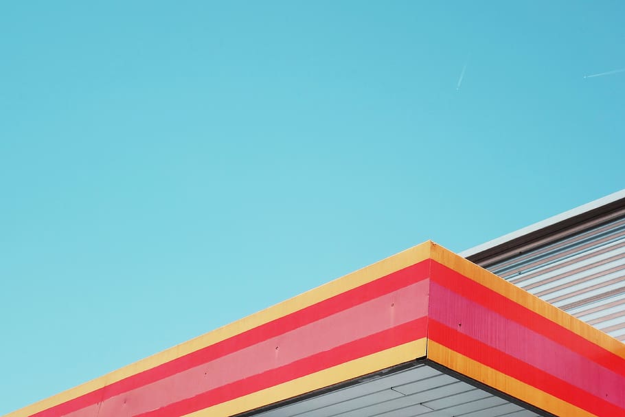 red, pink, yellow, wooden, board, roof, gutter, structure, sky, architecture