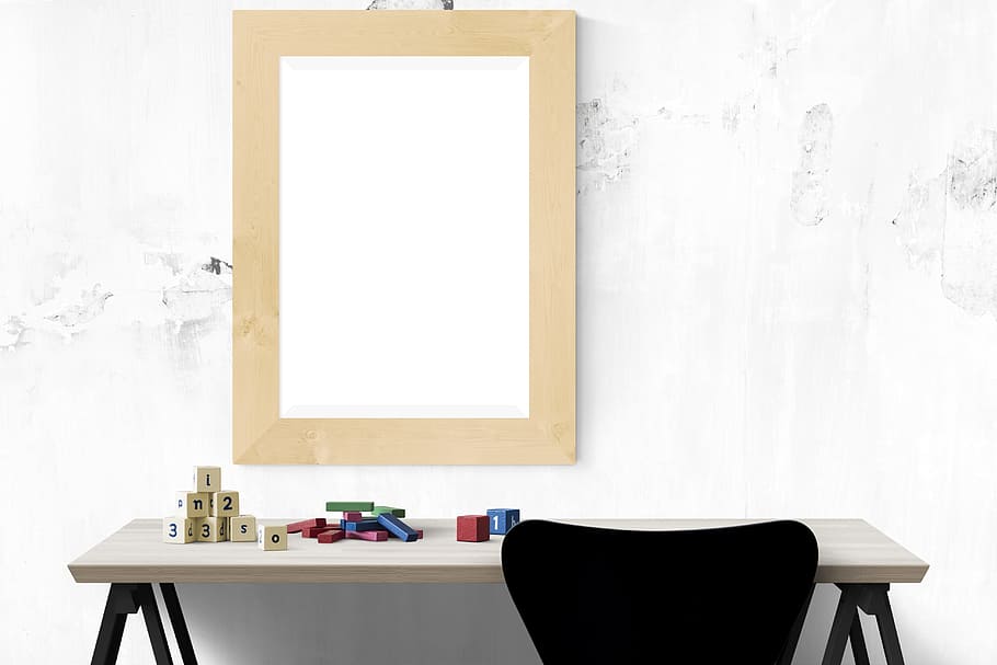 black, chair, console, table, white, wall, poster, mockup, frame, interior